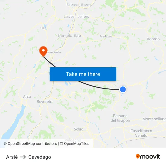 Arsiè to Cavedago map