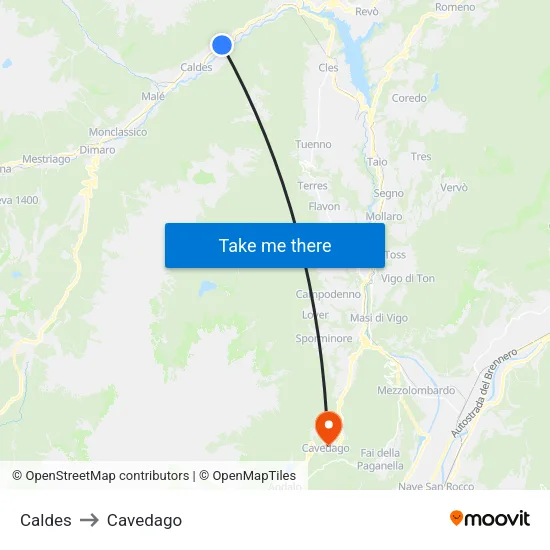 Caldes to Cavedago map