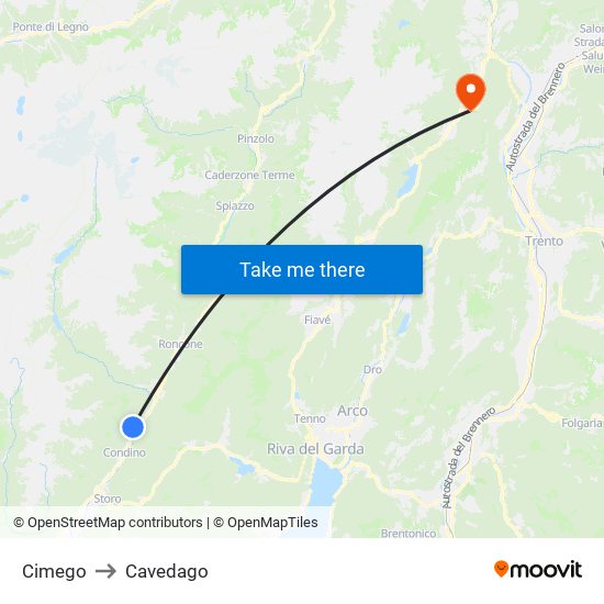 Cimego to Cavedago map