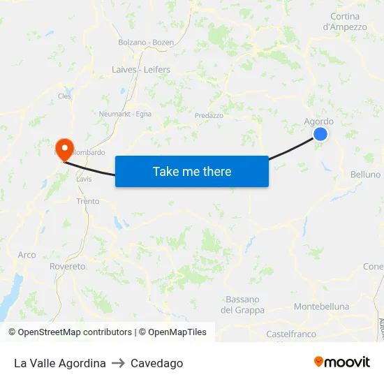 La Valle Agordina to Cavedago map