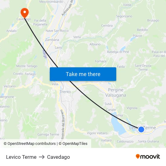 Levico Terme to Cavedago map