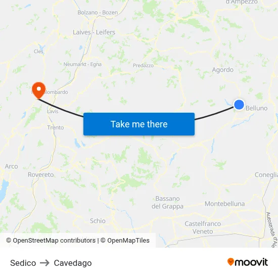Sedico to Cavedago map