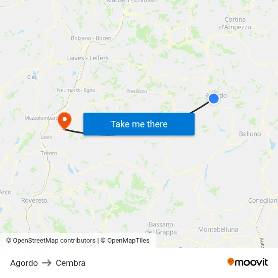 Agordo to Cembra map