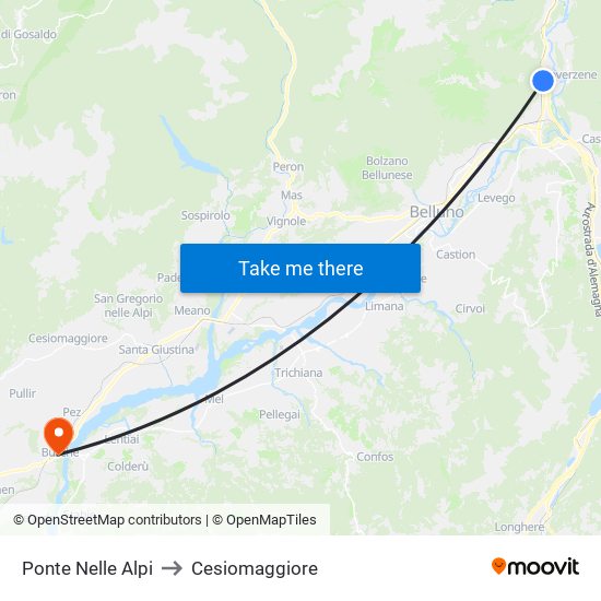 Ponte Nelle Alpi to Cesiomaggiore map