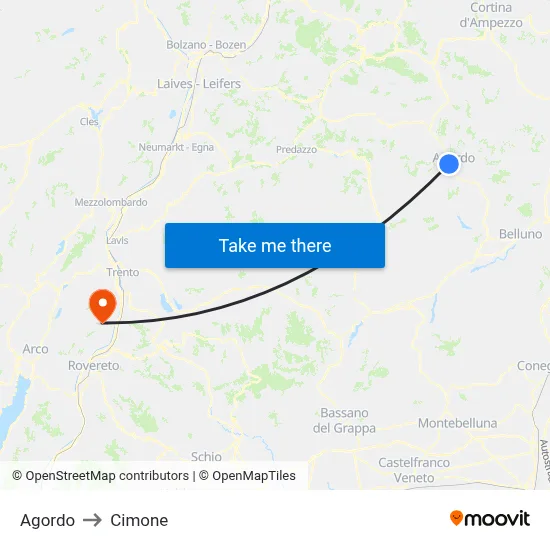 Agordo to Cimone map