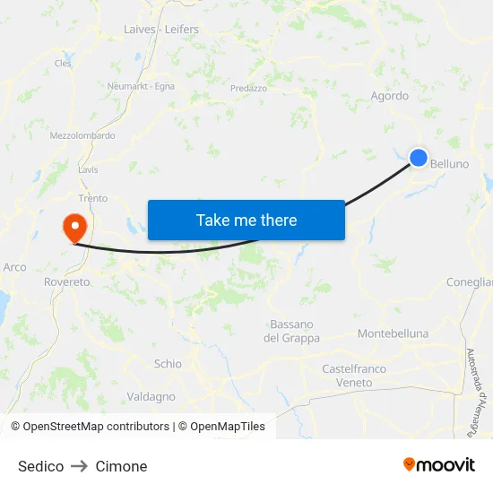 Sedico to Cimone map
