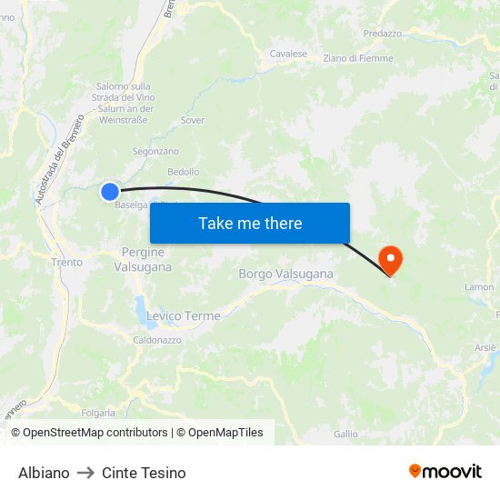 Albiano to Cinte Tesino map