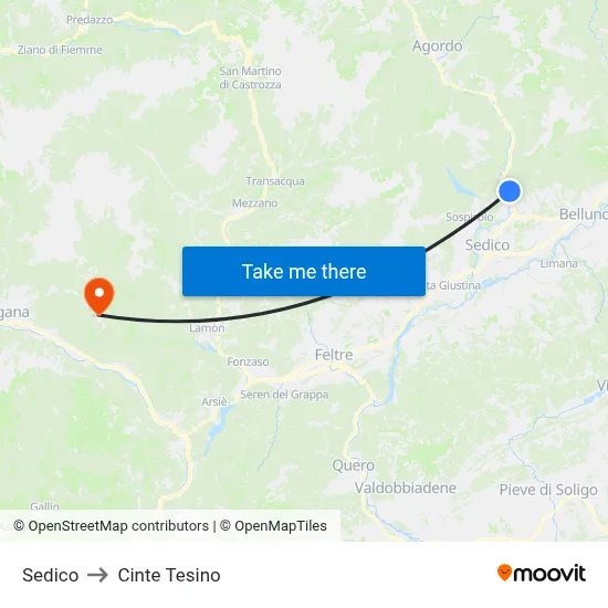 Sedico to Cinte Tesino map