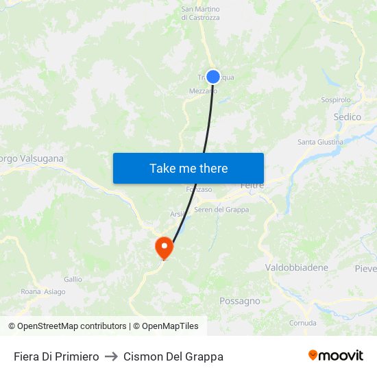 Fiera Di Primiero to Cismon Del Grappa map