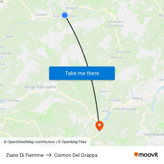 Ziano Di Fiemme to Cismon Del Grappa map