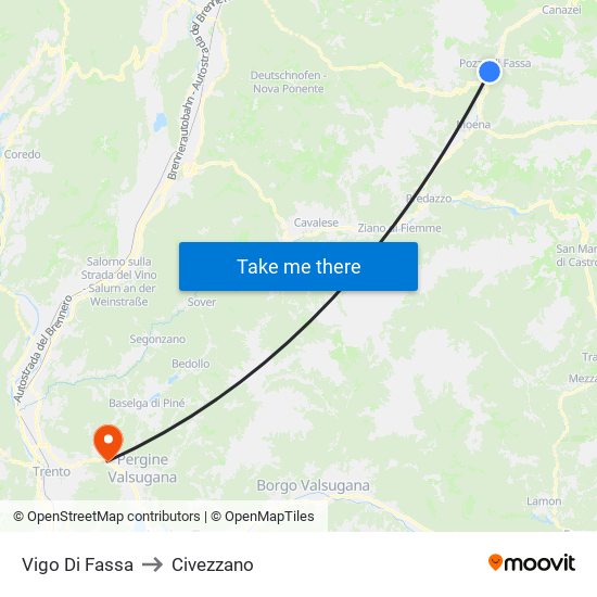 Vigo Di Fassa to Civezzano map