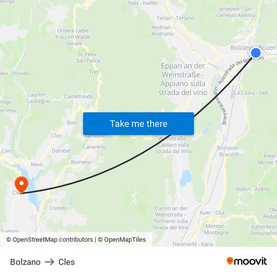 Bolzano to Cles map