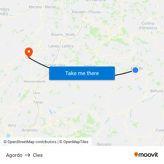 Agordo to Cles map