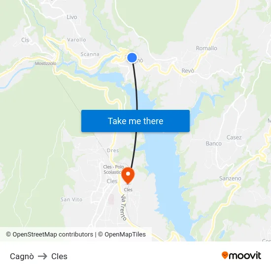 Cagnò to Cles map
