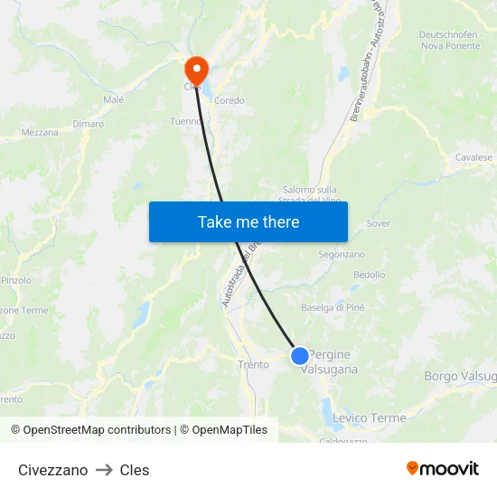 Civezzano to Cles map