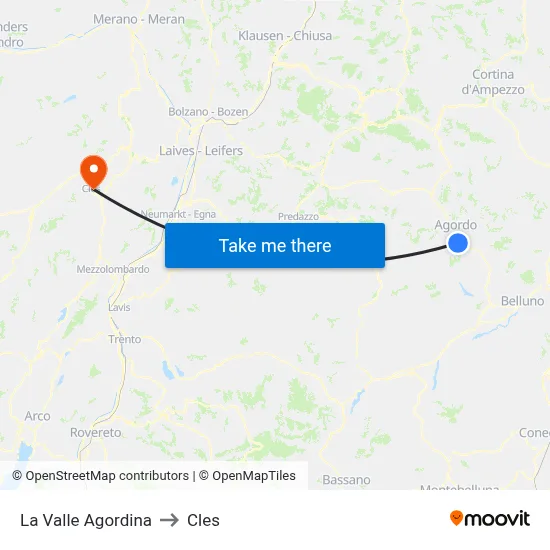 La Valle Agordina to Cles map