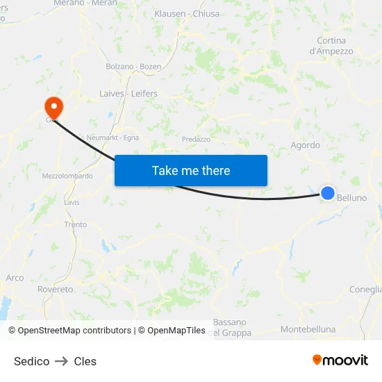 Sedico to Cles map