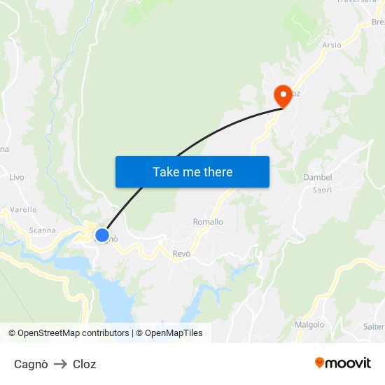 Cagnò to Cloz map