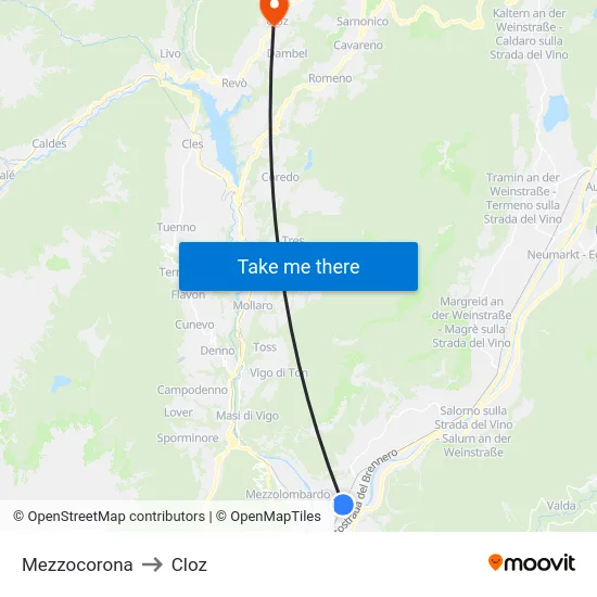 Mezzocorona to Cloz map