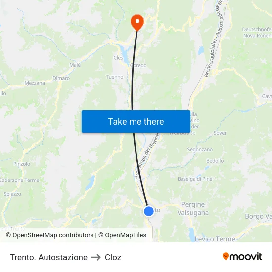 Trento. Autostazione to Cloz map