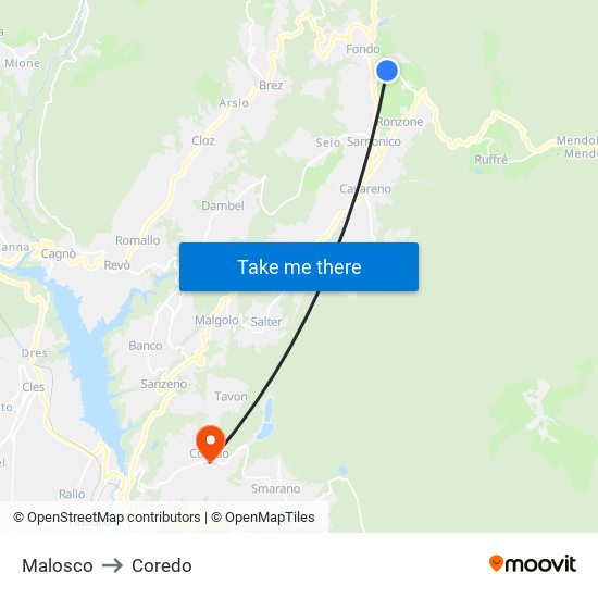 Malosco to Coredo map