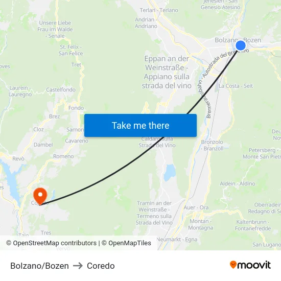 Bolzano/Bozen to Coredo map