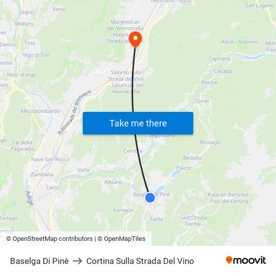 Baselga Di Pinè to Cortina Sulla Strada Del Vino map