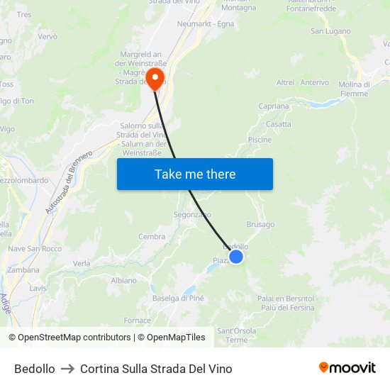 Bedollo to Cortina Sulla Strada Del Vino map