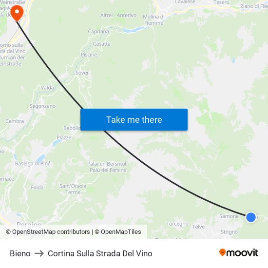 Bieno to Cortina Sulla Strada Del Vino map