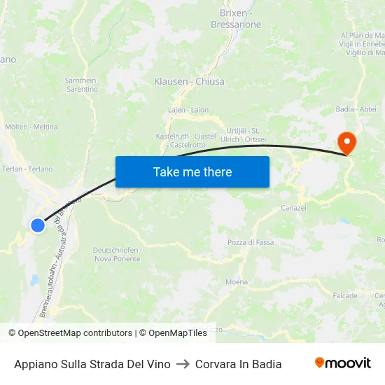 Appiano sulla Strada del Vino to Corvara in Badia map
