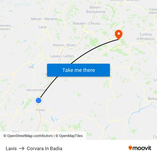 Lavis to Corvara In Badia map