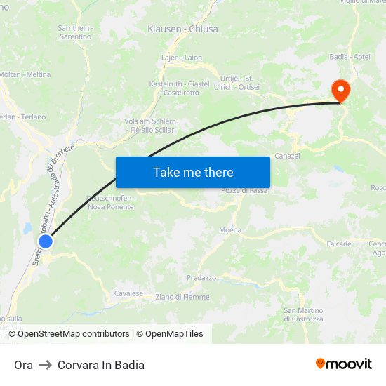 Ora to Corvara In Badia map