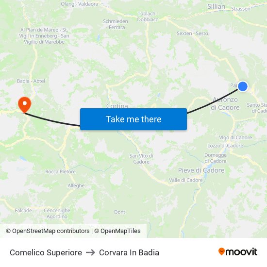 Comelico Superiore to Corvara In Badia map