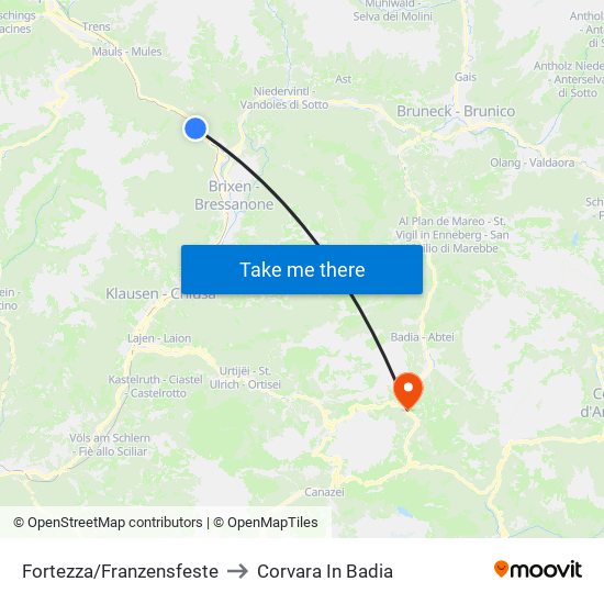 Fortezza/Franzensfeste to Corvara In Badia map