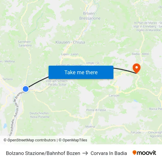 Bolzano Stazione/Bahnhof Bozen to Corvara In Badia map