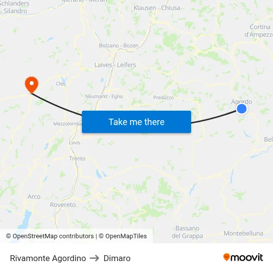 Rivamonte Agordino to Dimaro map