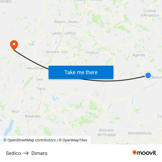 Sedico to Dimaro map