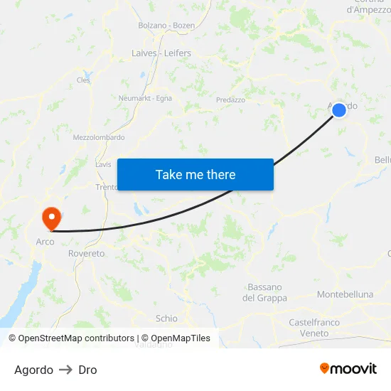 Agordo to Dro map