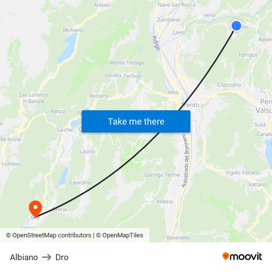 Albiano to Dro map