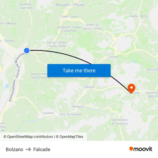 Bolzano to Falcade map