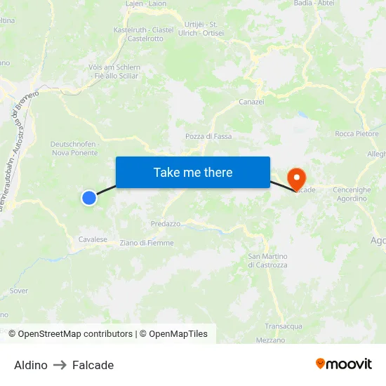 Aldino to Falcade map