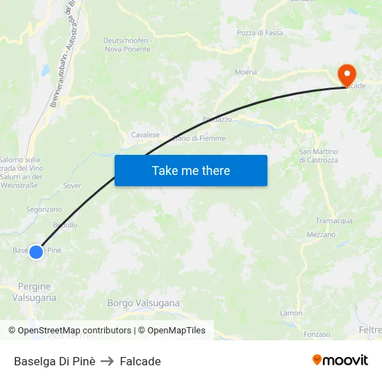 Baselga di Pinè to Falcade map