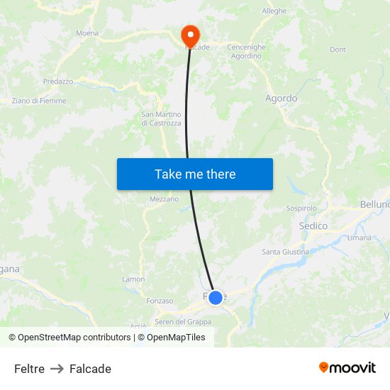 Feltre to Falcade map