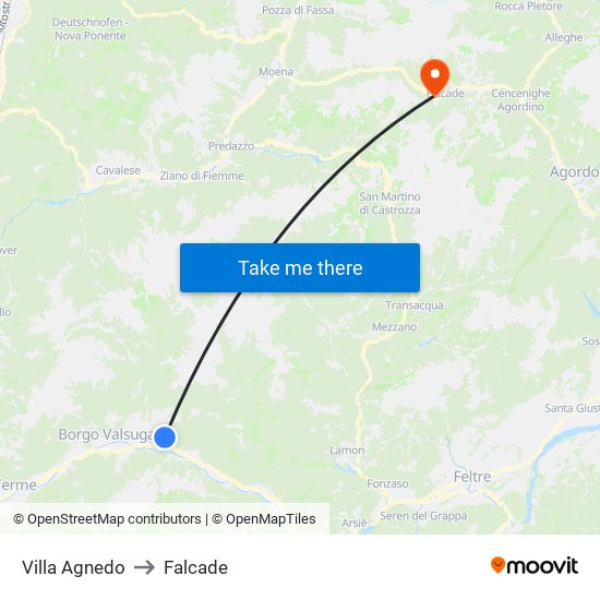 Villa Agnedo to Falcade map