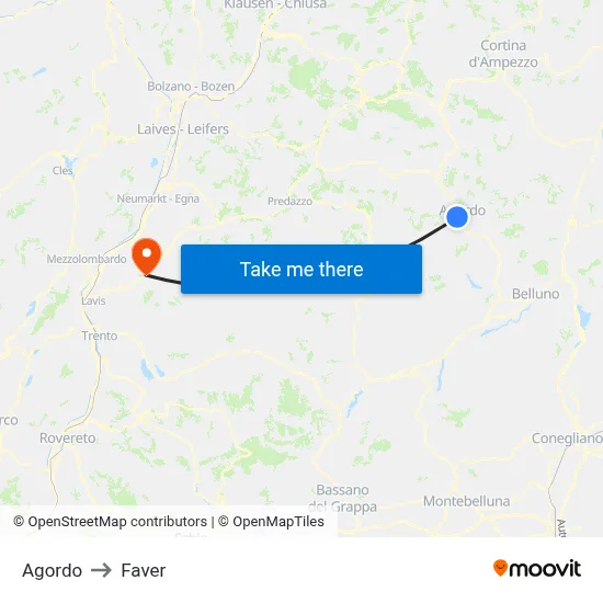 Agordo to Faver map