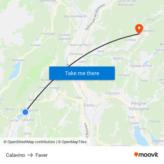 Calavino to Faver map