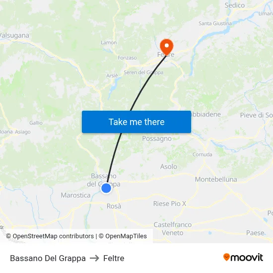 Bassano Del Grappa to Feltre map