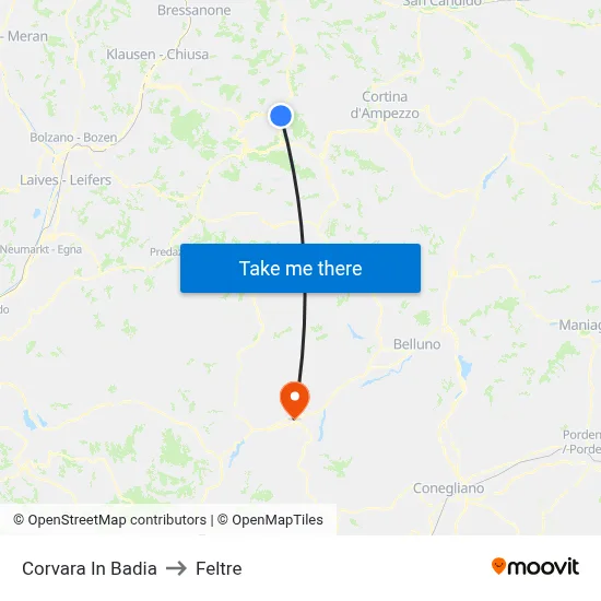 Corvara in Badia to Feltre map