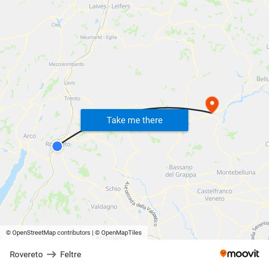 Rovereto to Feltre map
