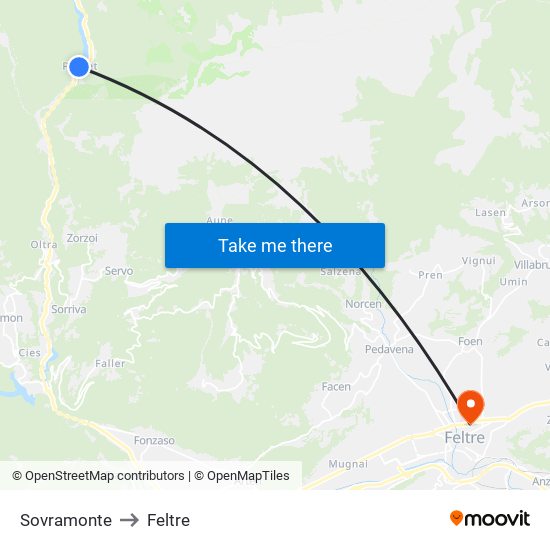 Sovramonte to Feltre map